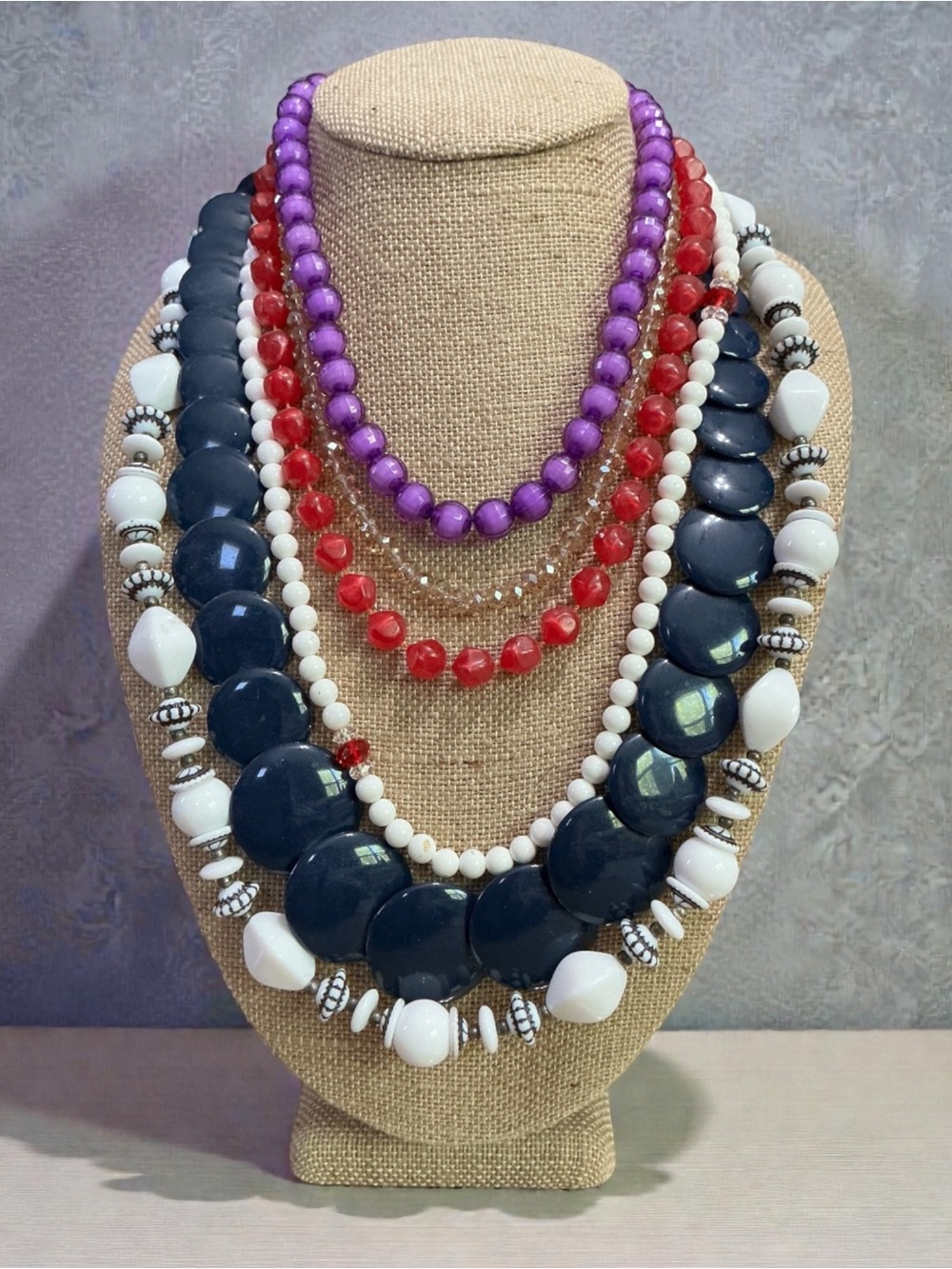 Assorted Beaded Necklaces Set - Purple, Gold, Red, White, Blue
